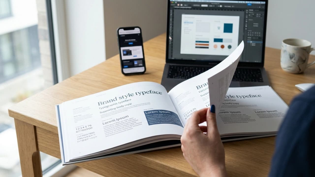 Brand style guide showing typography hierarchy, design standards, and component specs