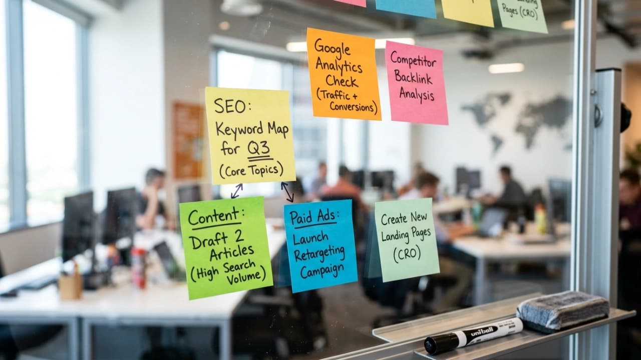 Multilingual SEO strategists collaborating on a keyword and content plan around a planning workspace