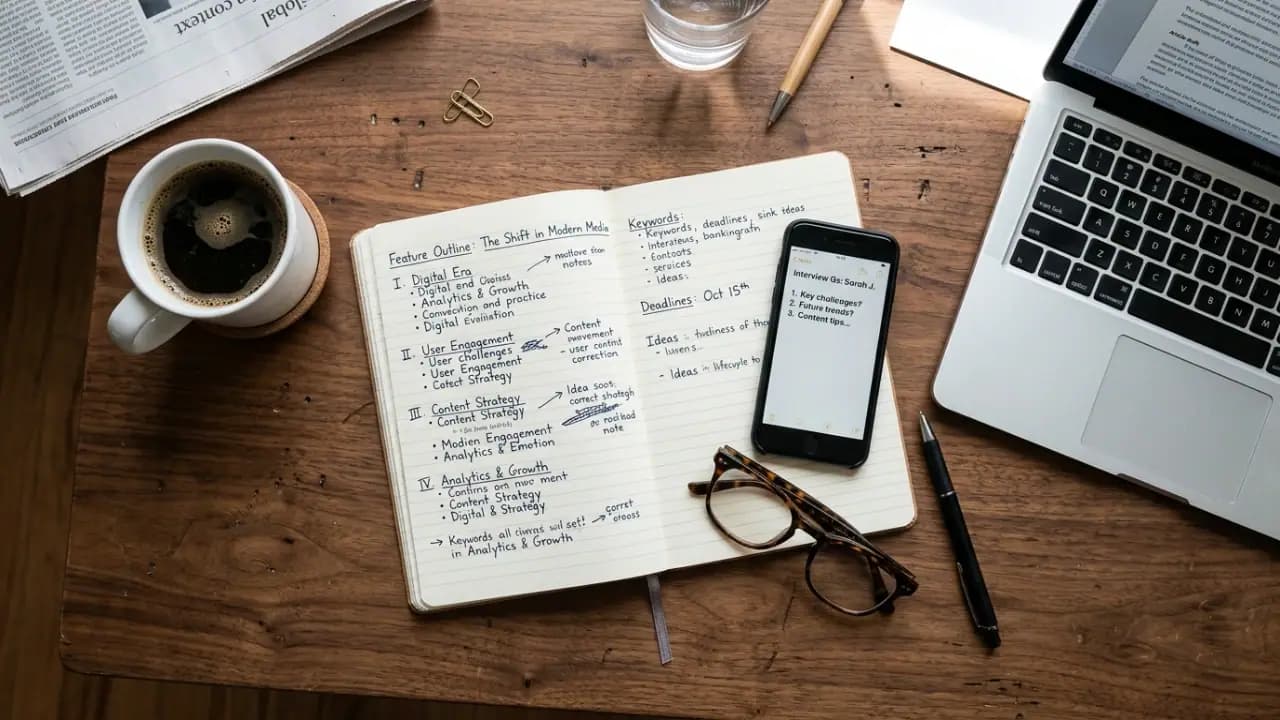 Editorial workspace with content planning materials, notes, and a writing setup