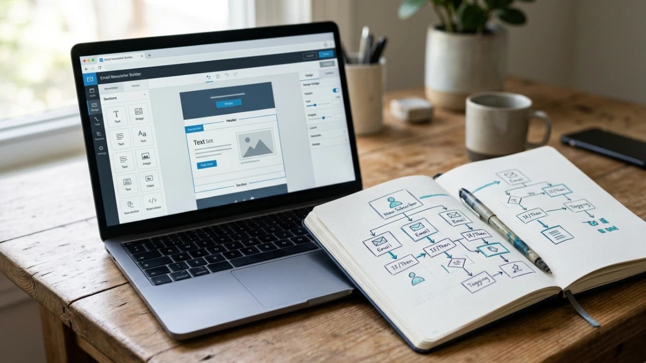 Multilingual newsletter layout being designed with editorial content blocks and call-to-action sections