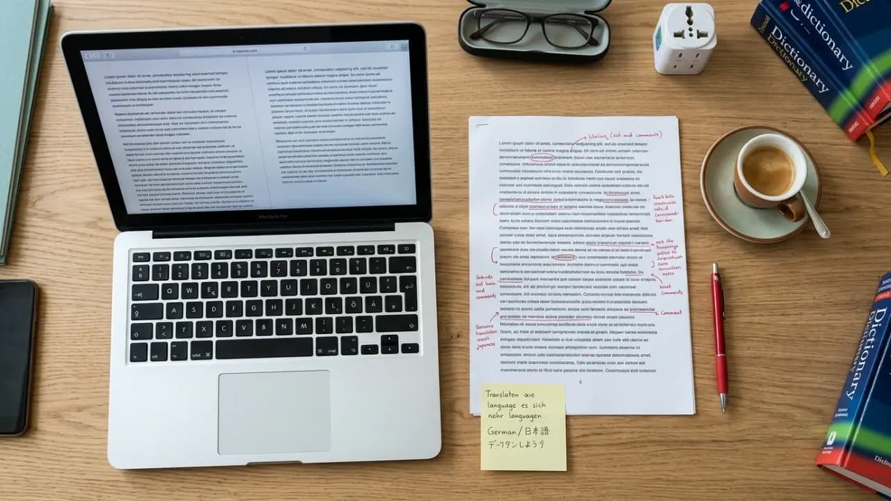 Professional document translation and localization workspace with reference materials and reviewed manuscripts