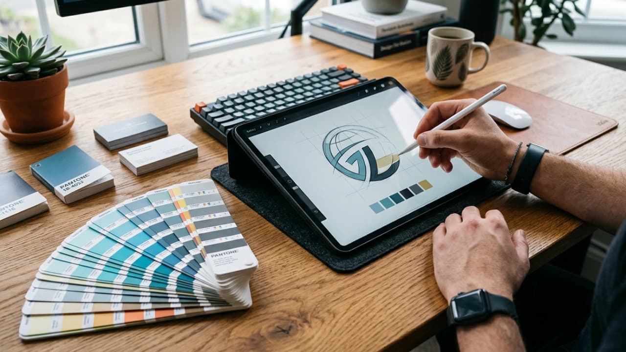 Logo design process board with iterations, color experiments, and typographic refinements