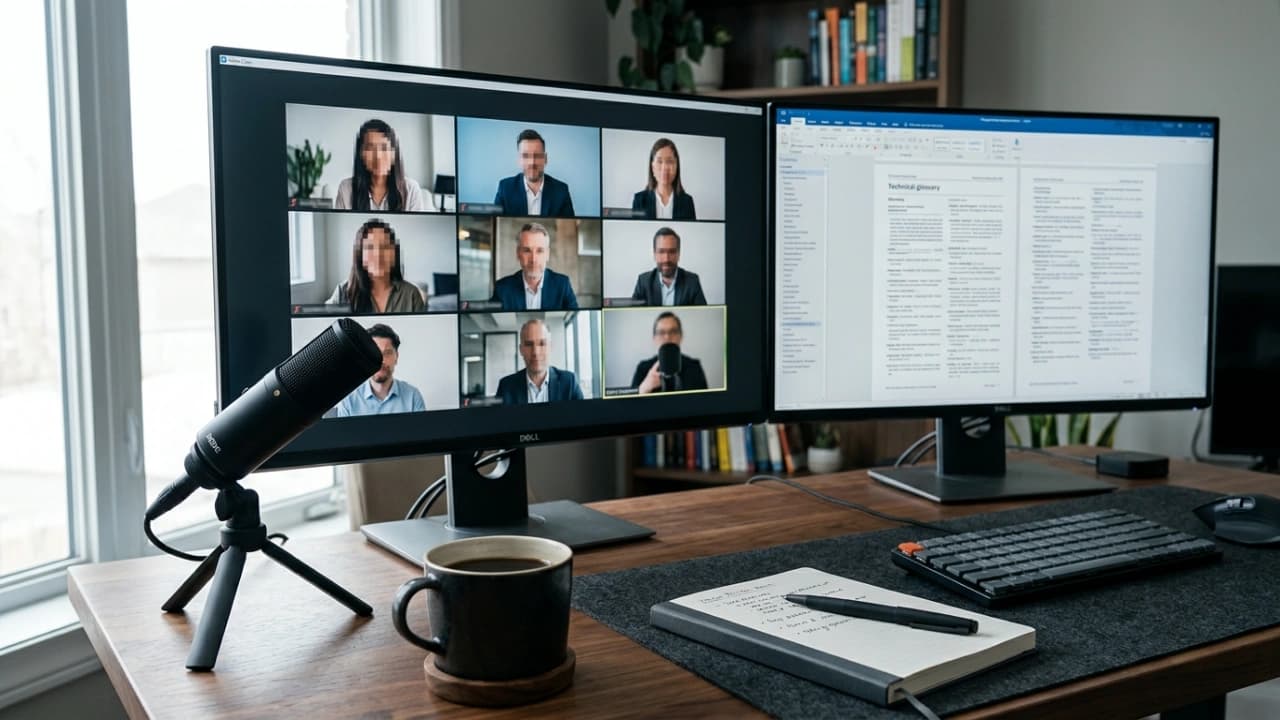 Video remote interpreter workstation with multi-monitor setup, broadcast microphone, and live participant feeds