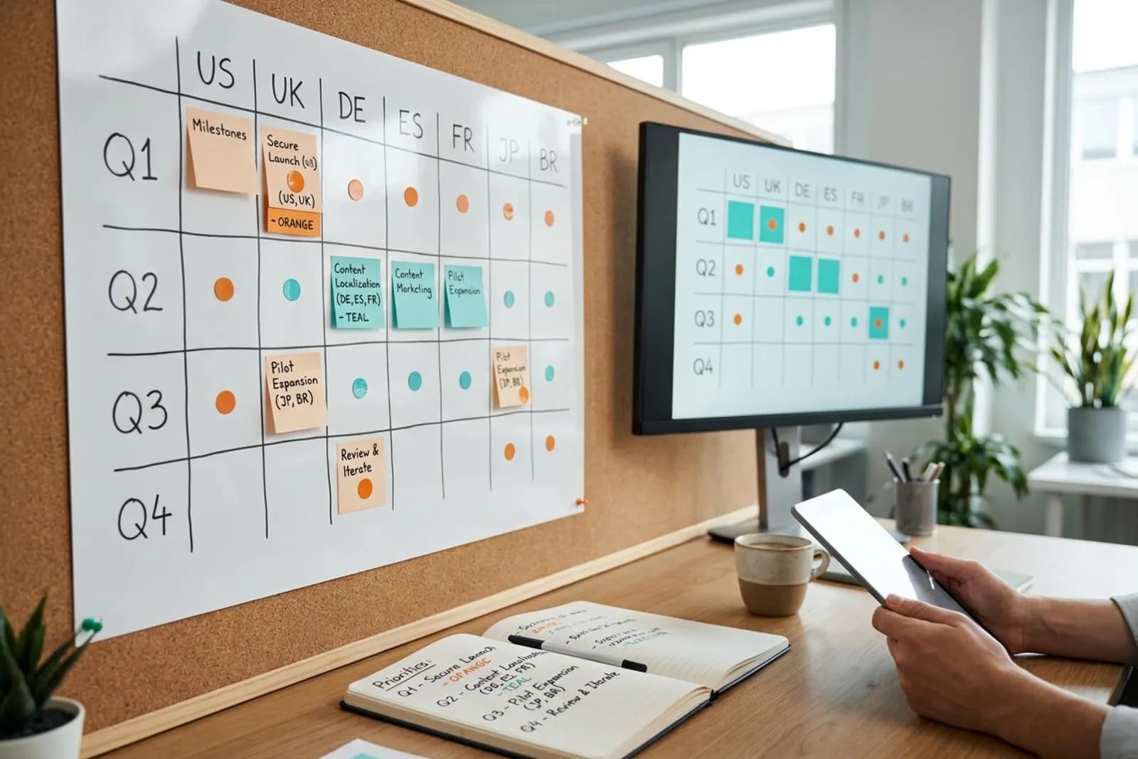Multi-quarter international SEO rollout plan mapping target markets, milestones, and quarterly priorities