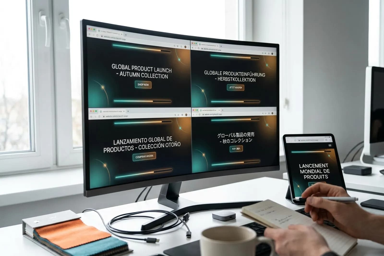 Multi-locale browser previews of an e-commerce landing page in English, Spanish, German, and Japanese with locale codes visible in the URL bars
