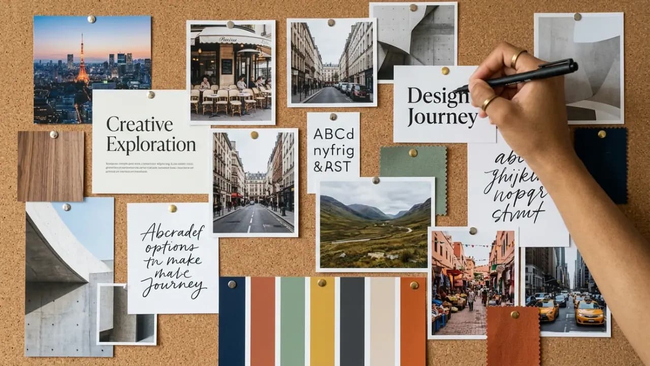 Creative moodboard pinning cultural references, color palettes, and visual cues for a market-specific brand adaptation